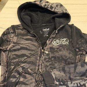 Sinful Y2K Black and Gray hoodie with a zebra stripe light pink design